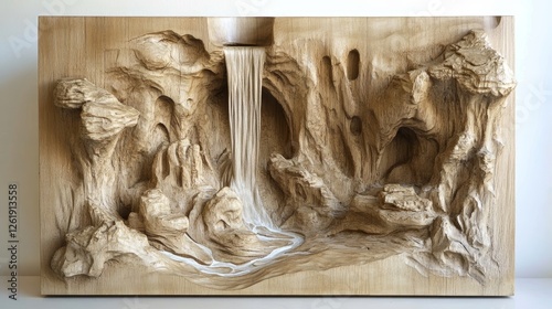 Coastal Landscape Carving with Textured Waterfall and Stone Formations photo