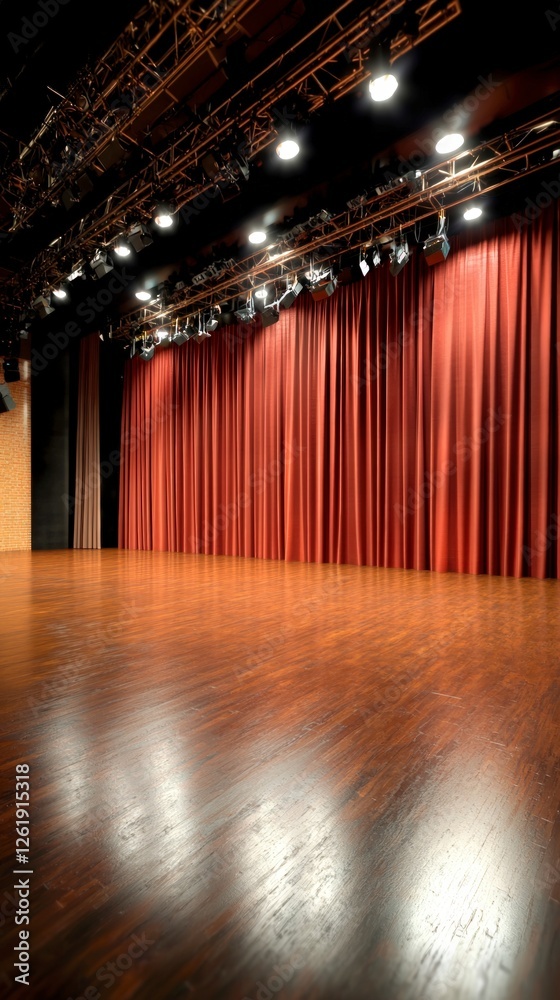 Fototapeta premium Empty Theater Stage with Red Curtains and Warm Lighting
