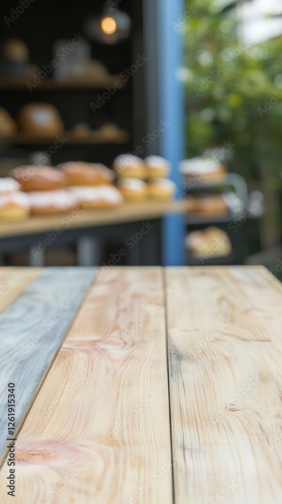 Empty Wooden Table at Outdoor Bakery with Blurred Pastries Display Empty Wooden Table at Outdoor Bakery with Blurred Pastries Display