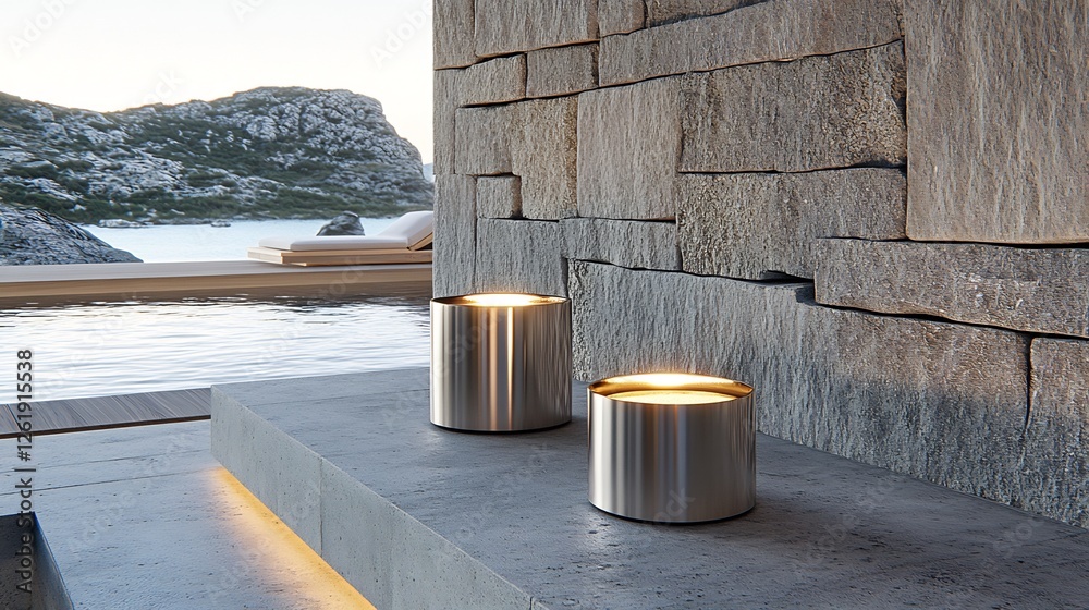 Warm light illuminates sleek metal lanterns near tranquil pool. AI Generated Warm light illuminates sleek metal lanterns near tranquil pool. AI Generated