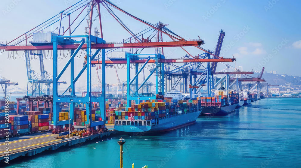 Fototapeta premium Busy Shipping Port with Cargo Containers