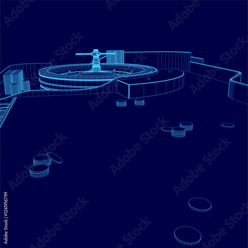 A blue drawing of a roulette table with a blue background. The table is shown in a 3D perspective