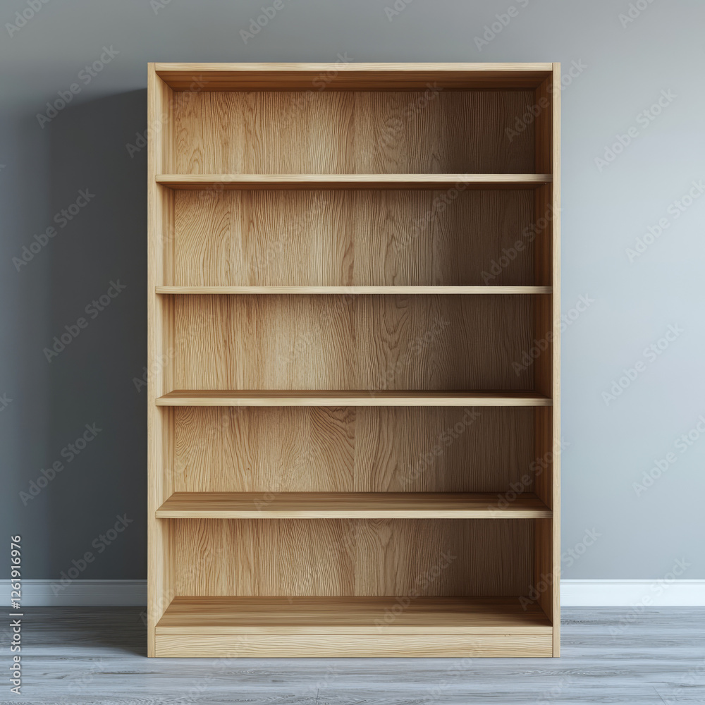 Empty light wood bookcase against a gray wall Empty light wood bookcase against a gray wall