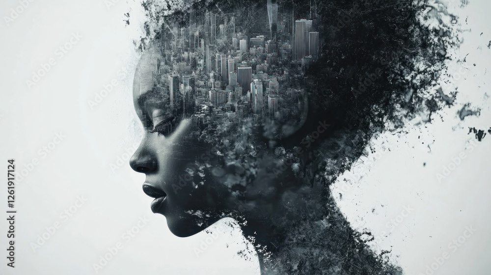 A silhouette of a woman's profile filled with a cityscape, symbolizing thoughts and urban life. A silhouette of a woman's profile filled with a cityscape, symbolizing thoughts and urban life.