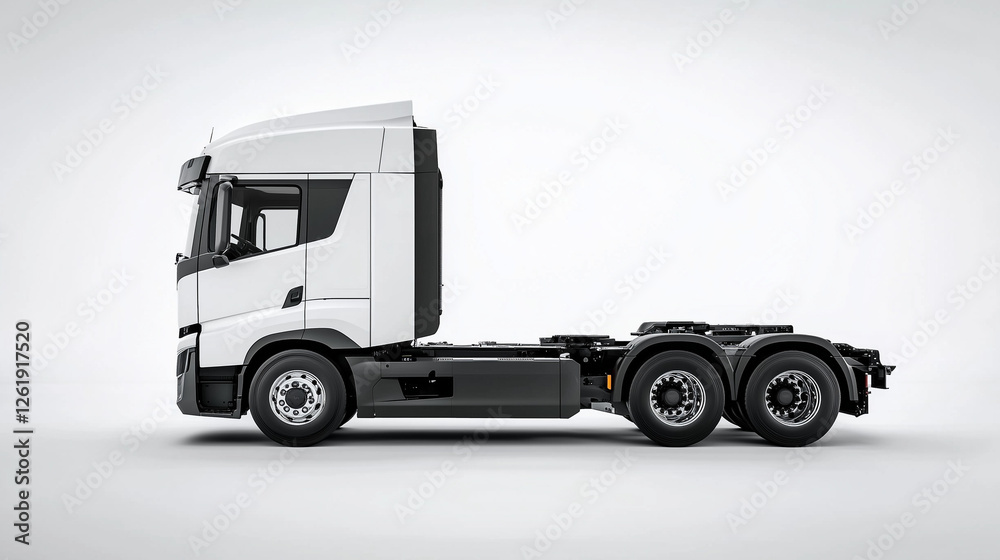 Fototapeta premium Side View of Modern White Semi Truck on a White Minimalistic Background