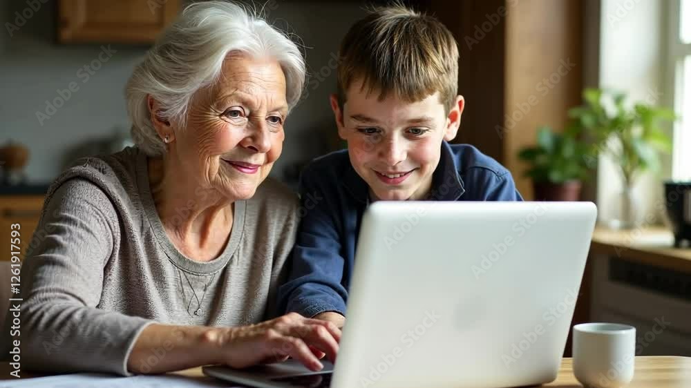 Grandson teaching grandma how to use laptop computer, surfing through internet. Senior woman learning how to use gadget. Grandson teaching grandma how to use laptop computer, surfing through internet. Senior woman learning how to use gadget.
