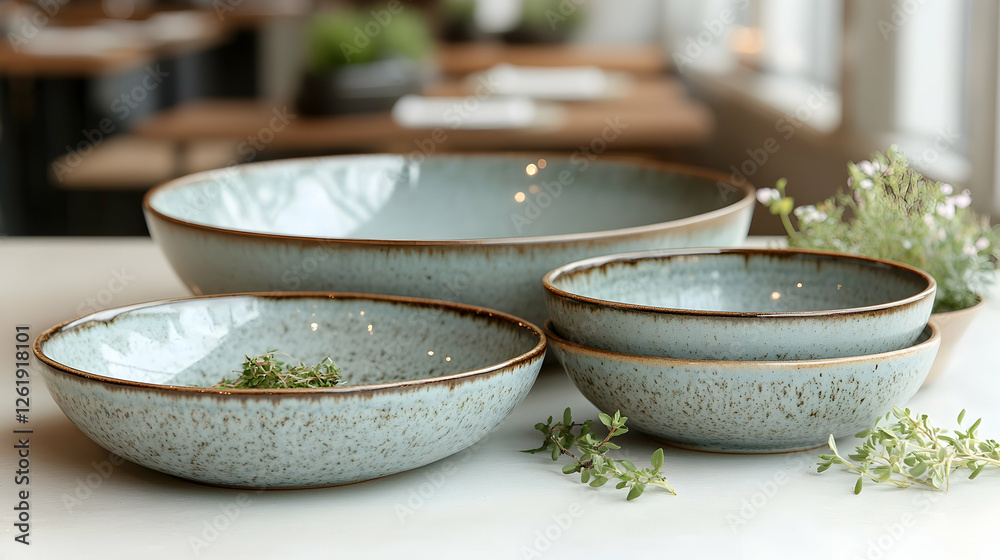 Restaurant tableware, stoneware bowls, herbs, indoor setting, food photography, menu Restaurant tableware, stoneware bowls, herbs, indoor setting, food photography, menu