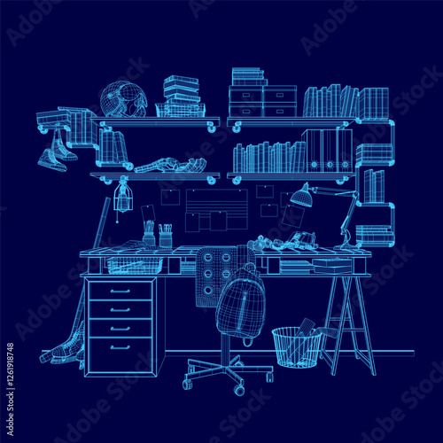 A blue drawing of a messy desk with a backpack on it. The desk is cluttered with books and other items, and there is a chair in front of it. Scene is chaotic and disorganized