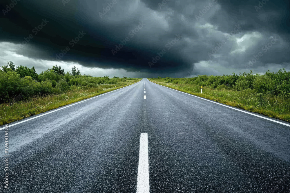 Fototapeta premium Empty road under dark storm clouds