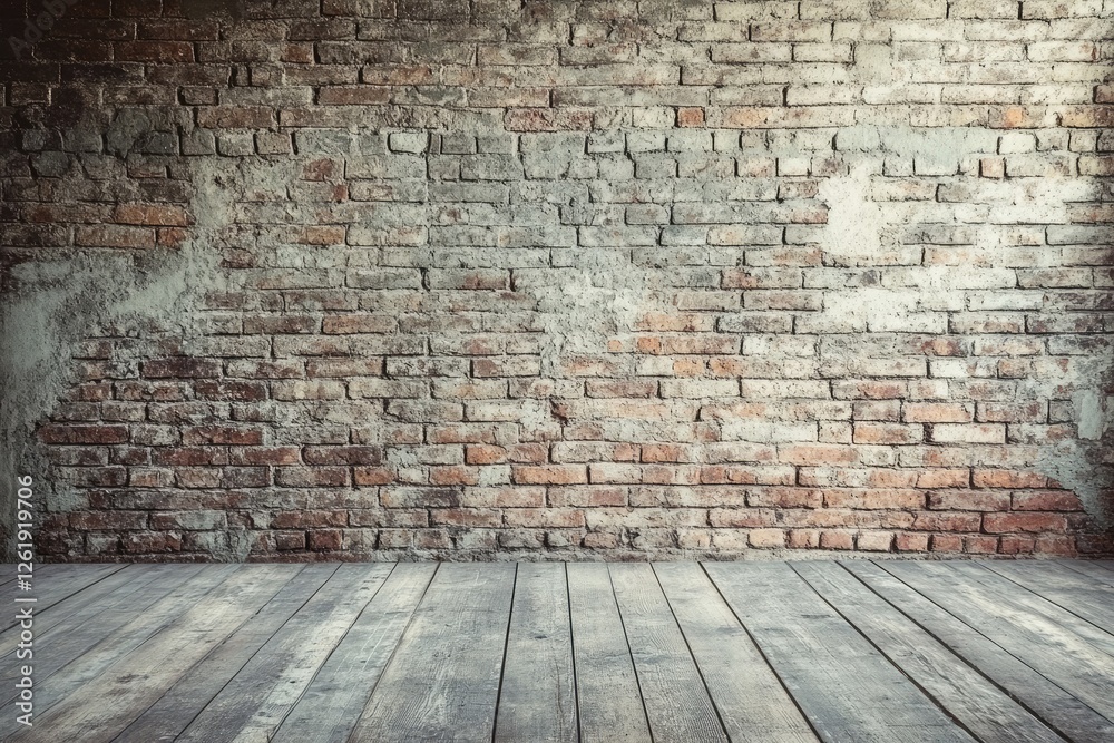 Empty room with weathered brick wall and wooden floor Empty room with weathered brick wall and wooden floor