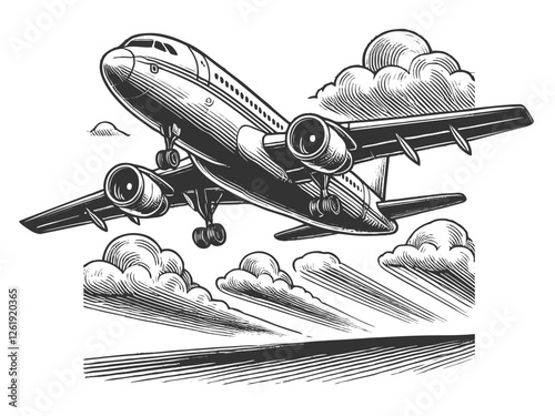 Takeoff of a passenger plane engraving vector