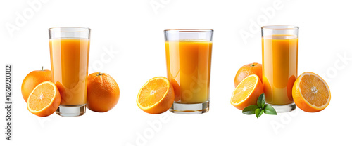 glass of orange juice and oranges isolated on a transparent background, in a PNG format set