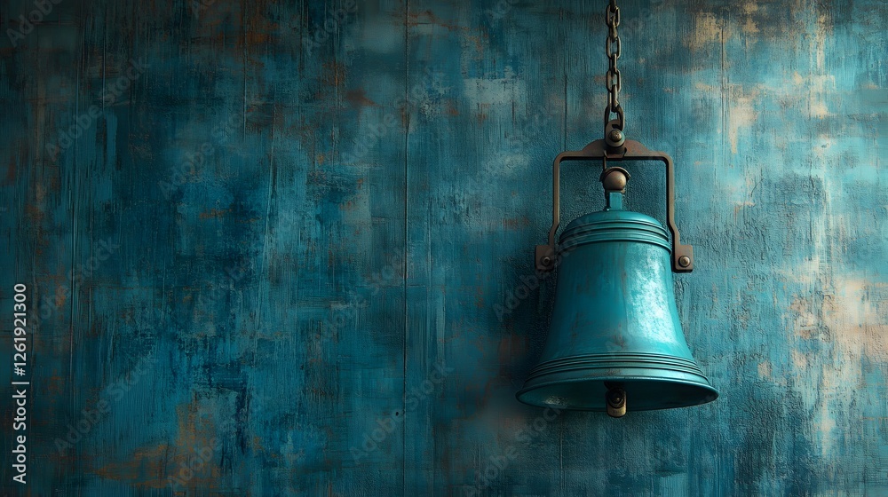Obraz premium Aged bell hanging against an azure weathered wooden backdrop evokes nostalgia