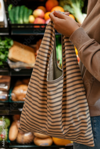 An individual using a reusable cloth bag for shopping photo