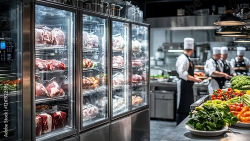 Cold storage unit in a commercial refrigerator displaying fresh produce and meats, as professional chefs prepare ingredients for food preparation in a gourmet restaurant kitchen