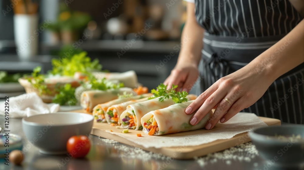 Preparation of fresh vegetable spring rolls in a modern kitchen setting Preparation of fresh vegetable spring rolls in a modern kitchen setting