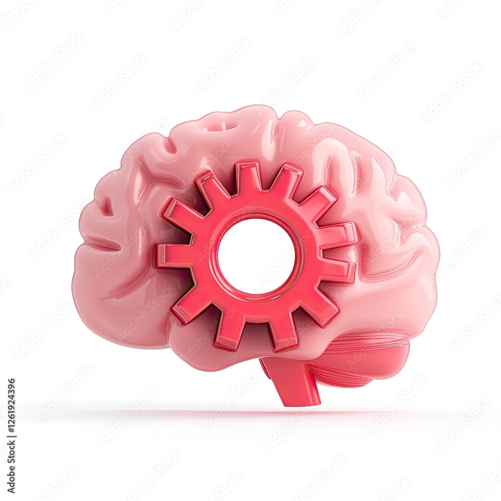 3D brain with gear, isolated white background, conceptual illustration, learning 3D brain with gear, isolated white background, conceptual illustration, learning