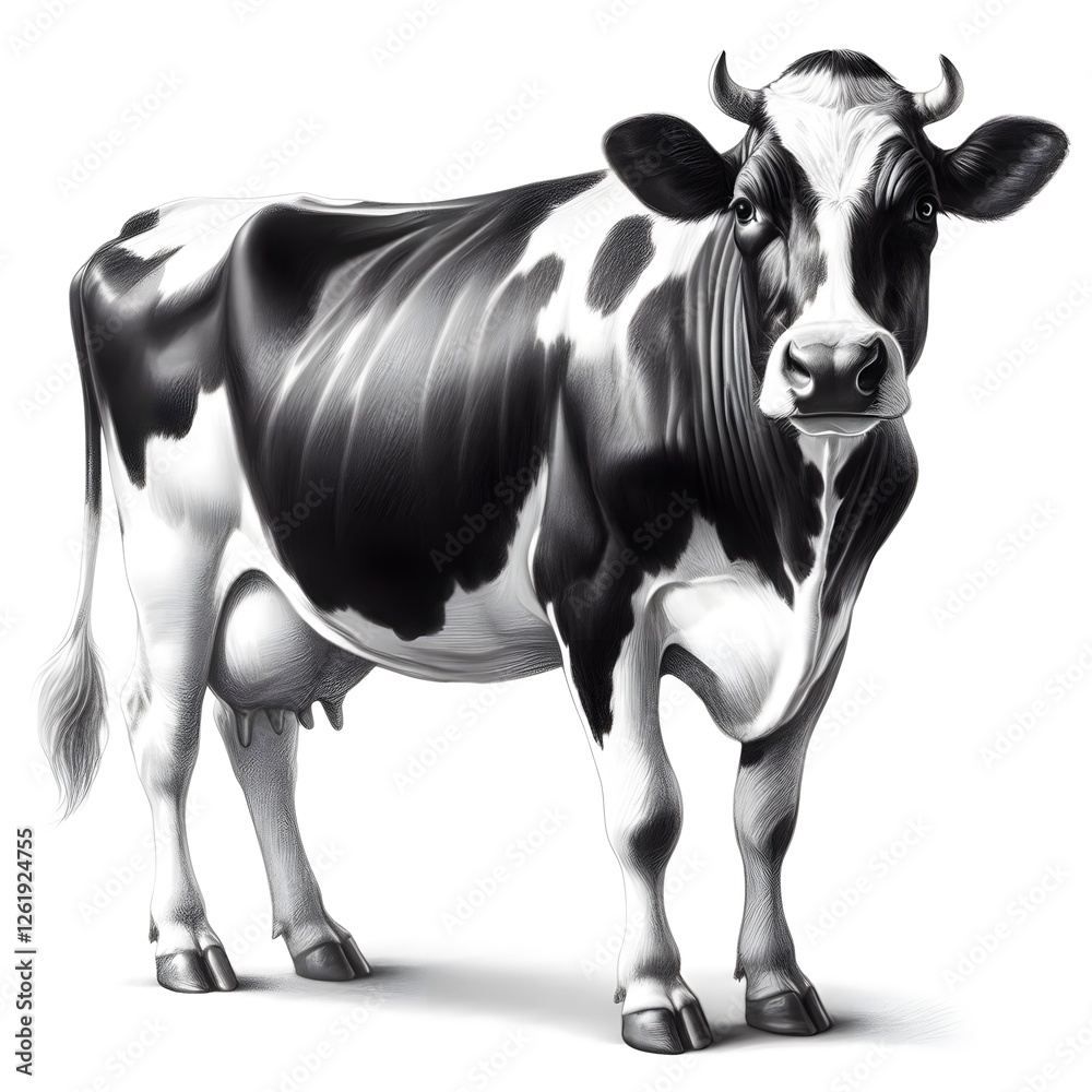 Fototapeta premium 흰 배경, 젖소(홀스타인), 펜슬 드로잉, jpeg (white background, milk cow (Holstein), pencil drawing, jpeg) 