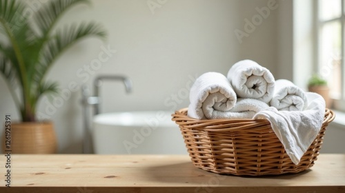 Soft, fluffy bath towels neatly rolled and arranged in a rustic wicker basket, resting on a light wood surface against a blurred background of a minimalist bathroom setting