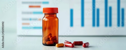 A prescription bottle with assorted pills sits in front of a colorful bar graph, symbolizing health and pharmaceutical data.
