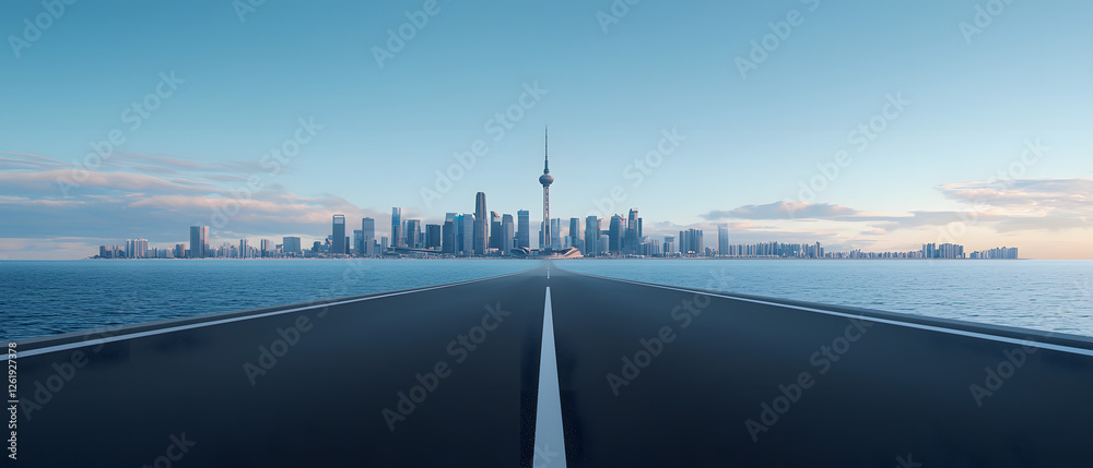 Fototapeta premium A Futuristic Highway Leading Directly to a Modern City Skyline, Surrounded by Calm Blue Water
