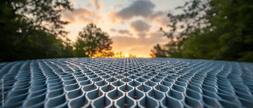 Fototapeta premium Grey Metal Honeycomb Grid at Sunset Landscape