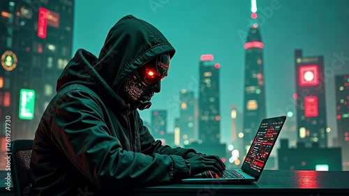 Hacker running artificial intelligence spyware software designed to gather information from users computers without their knowledge. Scammer commits fraud