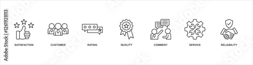 Feedback banner web icon sheet vector illustration concept with icon of satisfaction, customer, rating, quality, comment, service, reliability