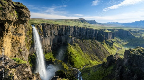 Majestic waterfall cascading down cliff, green valley, sunny day, Iceland landscape, travel photography