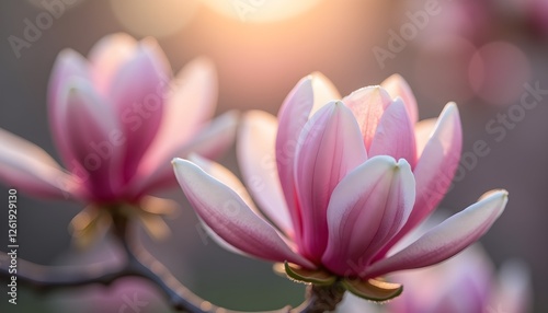 Pink magnolia flowers in soft golden light