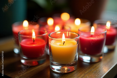 A collection of votive candles in small glass containers. creativity hobby and handicrafts, diy, background for design.