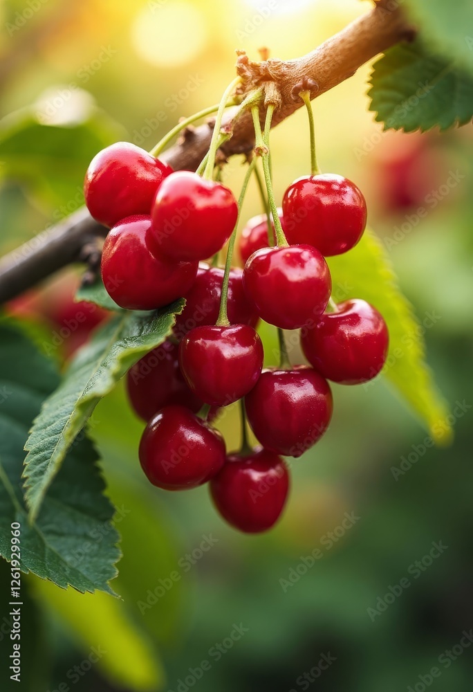 Ripe Red Cherries Hanging on Tree Branch in Sunlight Ripe Red Cherries Hanging on Tree Branch in Sunlight