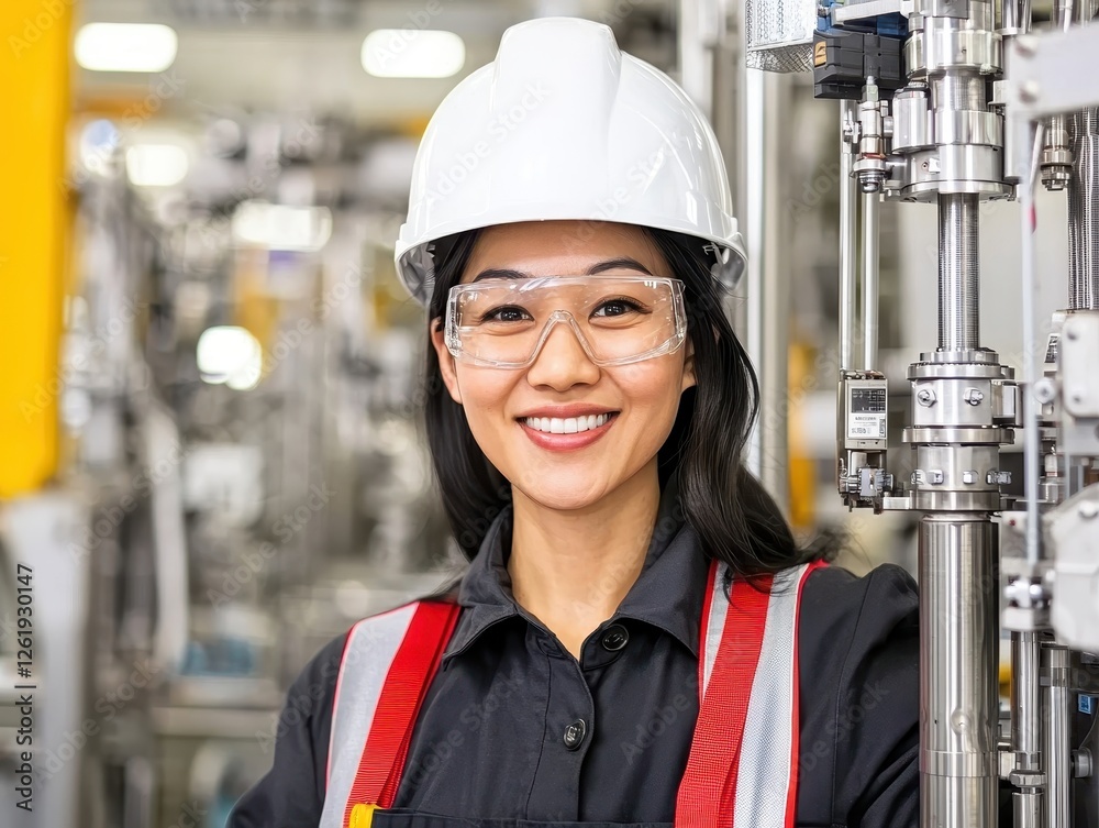 custom made wallpaper toronto digitalA smiling woman in safety gear poses confidently in a factory setting, showcasing a commitment to safety and professionalism.