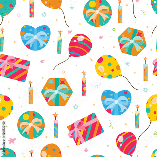Fun hand drawn party seamless background with  gift boxes, balloons, candles and party decoration. Great for birthday parties, textiles, banners, wallpapers, wrapping - vector design