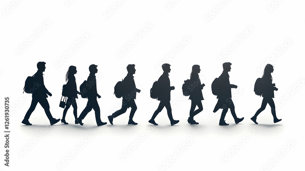 Students walking to school, background is white, education concept Students walking to school, background is white, education concept
