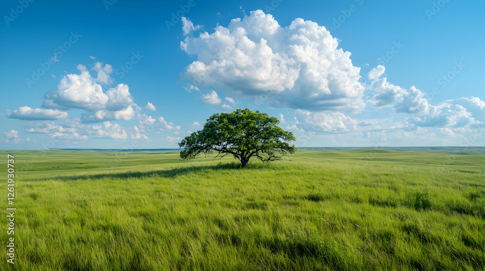 Obraz premium Lone tree in grassy prairie under blue sky; nature background