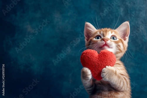 Munchkin - my desired cat. Ad creative. Cute munchkin kitty with fluffy red heart - emblem of love, funny greeting card. Fluffy valentine gift idea. Valentine's decor cat. Cute pet. Fluffy c.