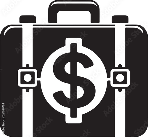 Silhouette vector icon of a briefcase with a dollar sign, symbolizing business, finance, investment, wealth, and economic growth. Isolated on white background.