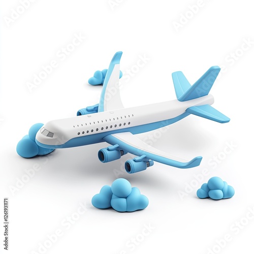 Airplane in flight, clouds, white background, travel concept photo