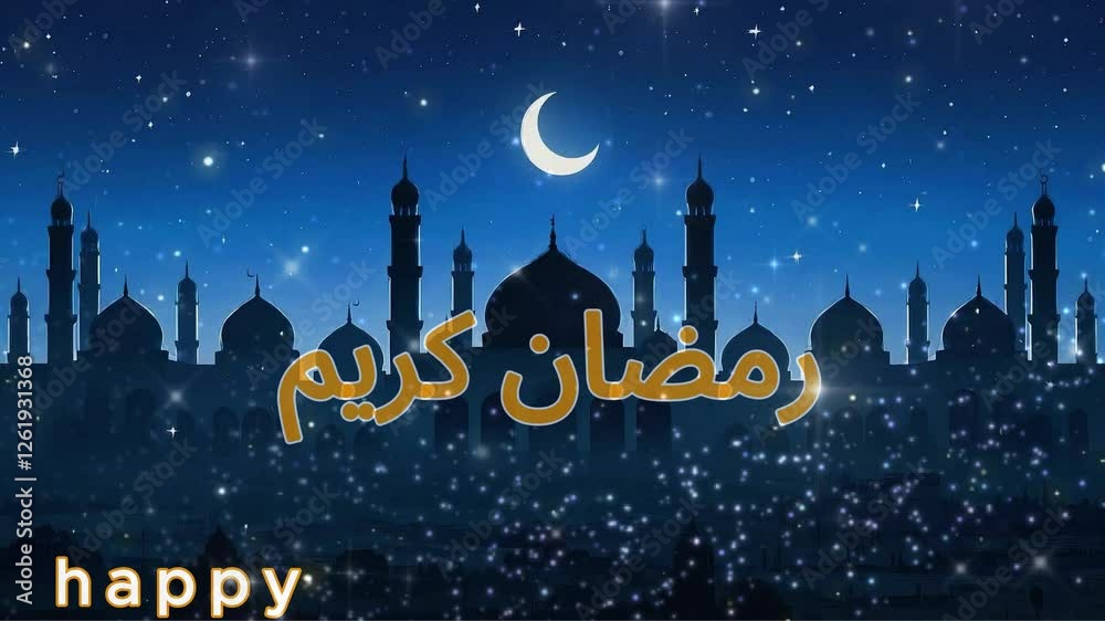 Happy Ramadan Kareem background mosque and moon stars place text animated Islamic social media 4k video greeting card