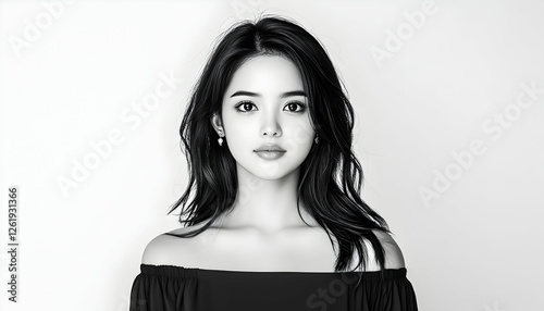 Portrait of a woman with shoulderless top against a plain backdrop, for design use. Generative AI photo