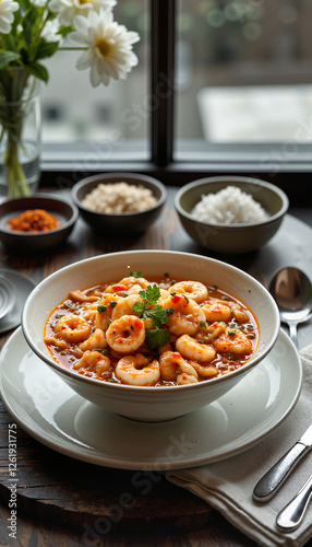 Delectable chupe de camarones in luxurious bowl near window, gourmet dining photo