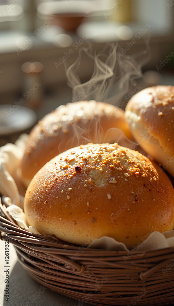 Freshly baked Khobz with golden crust in morning sunlight, culinary delight