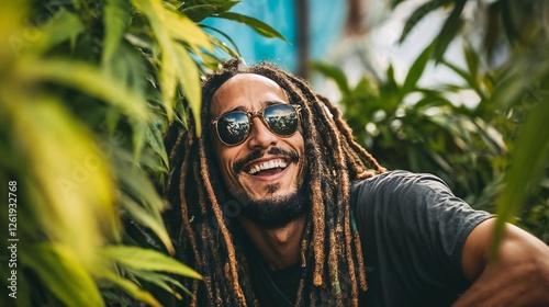 Cheerful man with dreadlocks in tropical setting. Ideal for lifestyle, natural beauty, and positive vibes content.