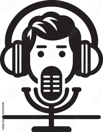 Silhouette vector icon of podcasting with headphones, symbolizing audio recording, broadcasting, voiceover, radio, streaming, and digital media. Isolated on white.