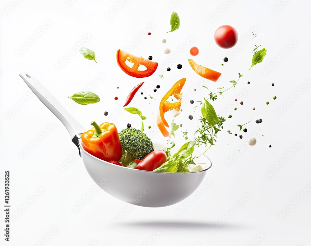 Flying Fresh Vegetables in Wok, Studio Shot Flying Fresh Vegetables in Wok, Studio Shot