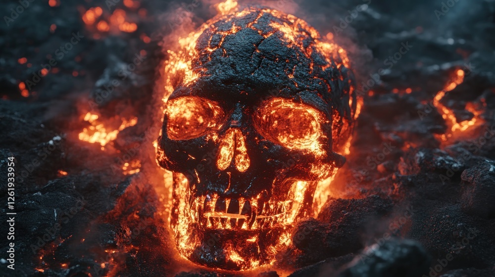 A glowing skull emerging from molten lava, creating a striking visual effect. A glowing skull emerging from molten lava, creating a striking visual effect.