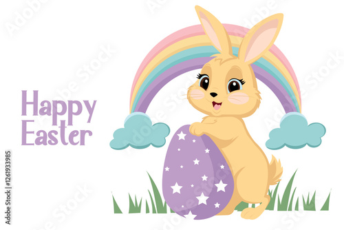 A cute Easter bunny holds a large Easter egg with his paws. Cartoon banner for Easter.
