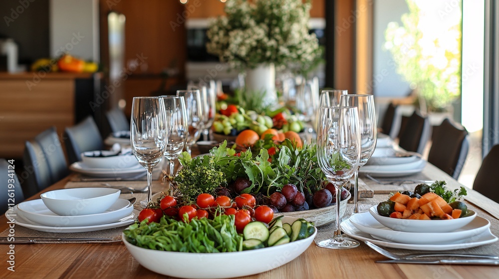 Elegant Dining Table Setup with Fresh Ingredients and Decorations Elegant Dining Table Setup with Fresh Ingredients and Decorations