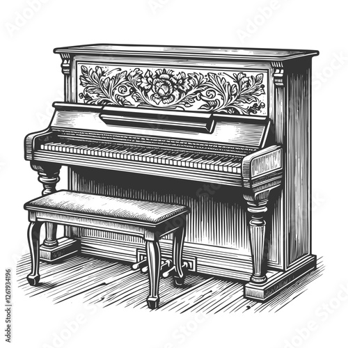 Ornate Upright Piano engraving vector illustration